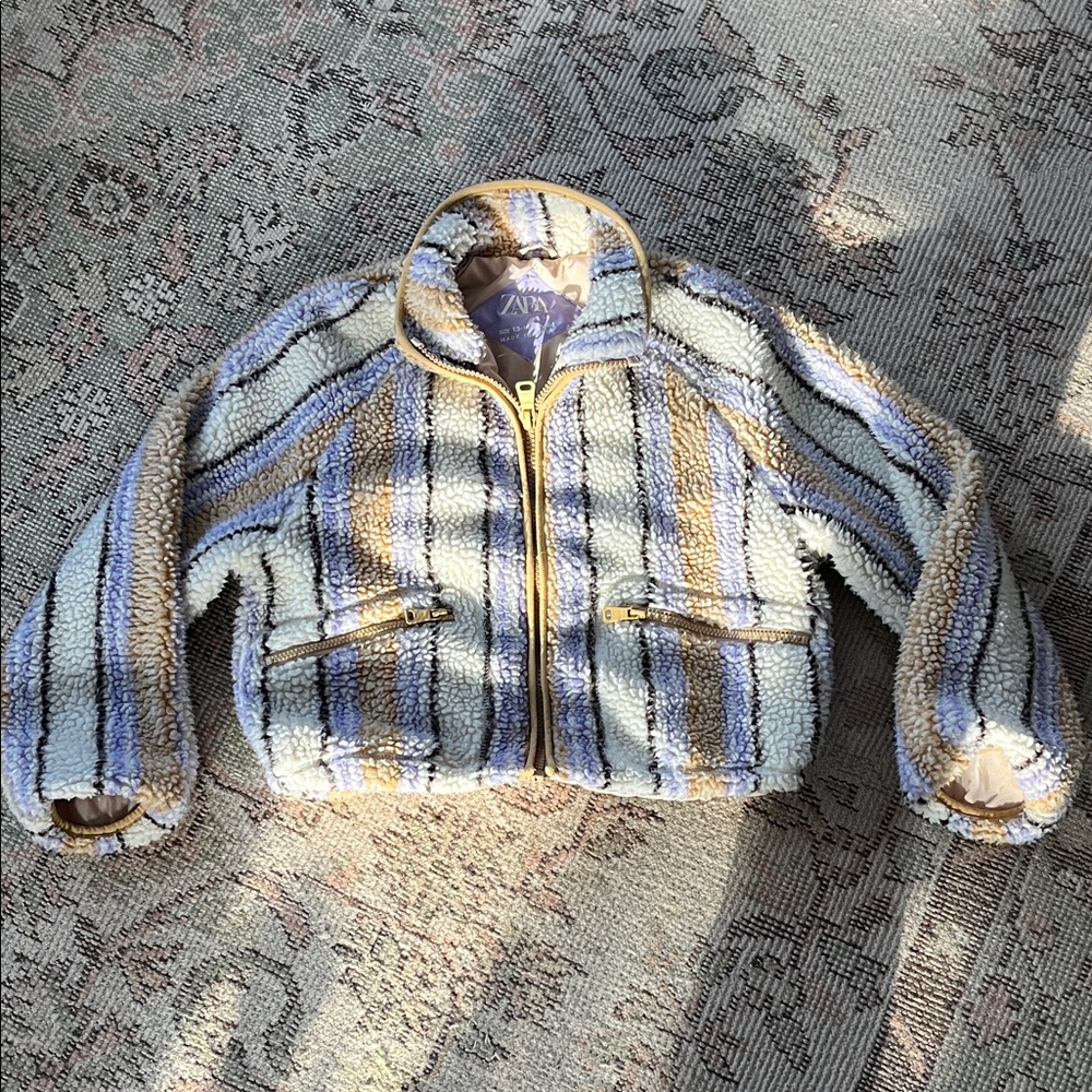 Zara Kids Cozy Striped Jacket - Blue, Tan, and Cream